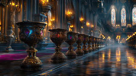 A stunning depiction of ornate goblets lined up in a majestic hall, showcasing intricate craftsmanship, colorful stained glass, and a rich ambiance.の素材
