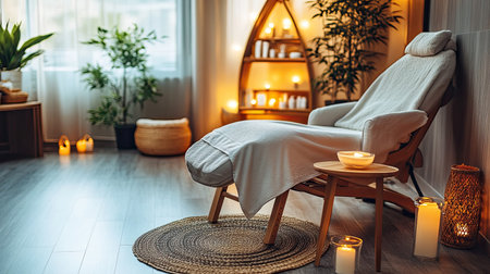 Discover a tranquil relaxation space with soothing ambient lighting, natural decor, and a cozy atmosphere perfect for wellness and rejuvenation.の素材