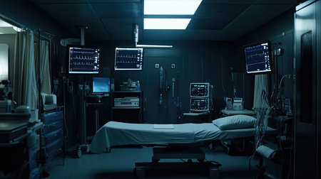 A dimly lit hospital room showcasing an empty patient bed surrounded by advanced medical equipment and monitors, creating a quiet, sterile environment ideal for healing and care.の素材