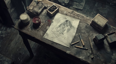 A rustic artistic workspace featuring a sketch on vintage wood table, surrounded by drawing tools and paint, exuding creativity and inspiration.の素材