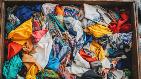 A vibrant collection of assorted fabrics and textiles displayed in a wooden box, showcasing a variety of colors and textures for creative projects.の素材