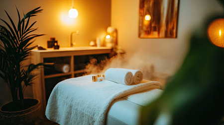 This image captures a serene spa room featuring fresh towels and gentle steam. The warm lighting creates a calming ambiance perfect for relaxation and wellness.の素材