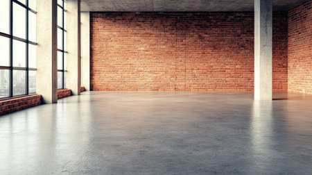 This photograph captures a spacious industrial loft interior featuring exposed brick walls and large windows that flood the room with natural light, perfect for creative projects.の素材
