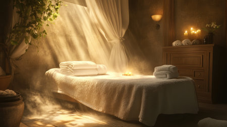 A tranquil spa room featuring a massage table adorned with fluffy towels, enveloped in soft light and the gentle glow of candles, creating a serene atmosphere for relaxation.の素材