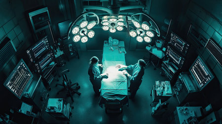 A bright and advanced surgical room captures the intensity of a modern medical procedure, showcasing the collaboration of healthcare professionals dedicated to patient safety and innovative practices.の素材