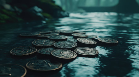 A captivating scene featuring shiny coins resting on a calm water surface, surrounded by lush forest greenery, reflecting serene light and tranquility.の素材
