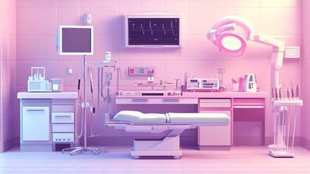 A contemporary medical room featuring advanced surgical and monitoring equipment, highlighting the essential tools used for patient care in a sterile environment.の素材