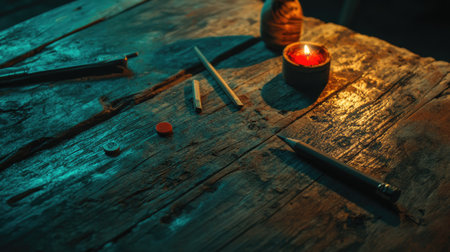 A beautifully arranged vintage workspace featuring a rustic wooden table with pencils, a candle, and various stationery items, perfect for creative moments.の素材