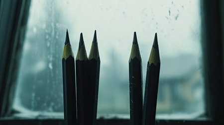 A serene arrangement of black pencils against a window drenched in rain. The moody ambiance enhances creativity, perfect for artistic themes.の素材