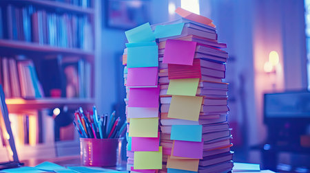 A vibrant stack of books adorned with colorful sticky notes creates an inviting atmosphere in a home study. This image captures the essence of creativity, organization, and learning. Perfect for illustrating productivity themes in educational or workspace contexts.の素材