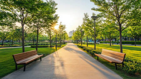 A peaceful urban park pathway lined with green trees and wooden benches, illuminated by soft sunlight, ideal for leisurely walks and relaxation.の素材