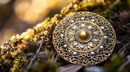 A stunning antique brooch rests on a bed of lush moss in a tranquil forest setting. The soft sunlight envelops the intricate gold design, highlighting its elegance and beauty.の素材