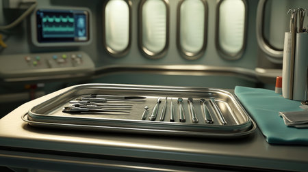 A close-up view of meticulously arranged surgical instruments on a stainless steel tray in a modern medical environment, highlighting cleanliness and precision.の素材