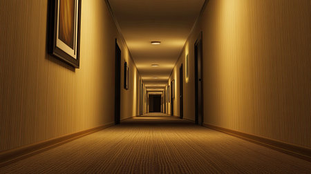 This captivating image features a long hotel corridor with warm lighting, showcasing elegant wall decor and an inviting atmosphere, perfect for travel themes.の素材