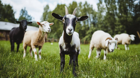 A charming scene featuring a group of playful farm animals, including goats and sheep, enjoying a sunny day in a vibrant green meadow surrounded by trees.の素材