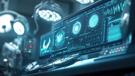 A futuristic operating room featuring advanced medical technology, high-tech monitors displaying data, and essential surgical equipment for healthcare professionals.の素材