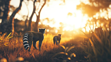 Two lemurs walk gracefully along golden grass as the sun sets, casting warm light across a vibrant jungle, creating a serene and scenic outdoor scene.の素材
