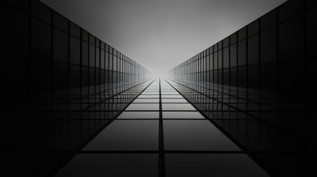 Stunning abstract view of skyscraper windows captures the essence of modern architecture with striking lines, reflections, and a monochromatic atmosphere.の素材