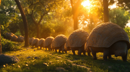 A tranquil scene featuring a line of turtles walking along a sunlit forest path. The golden hour creates a warm atmosphere, highlighting nature's beauty.の素材