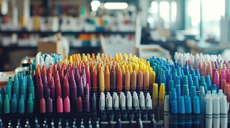 A vibrant collection of markers and pens displayed in a well-organized shelving unit, perfect for artists and creative enthusiasts looking for inspiration.の素材