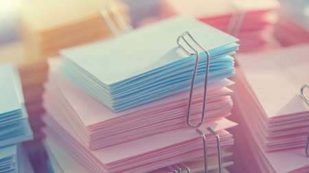 A close-up view of colorful sticky notes stacked in pastel shades, organized with metal clips, creating a vibrant workspace atmosphere that encourages creativity.の素材