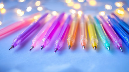 A vibrant collection of gel pens arranged in a line, showcasing a variety of colors against a soft blue backdrop illuminated by twinkling lights. Perfect for art and creativity.の素材