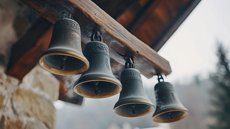 A serene image showcasing vintage church bells hanging from a wooden structure, set against a soft-focused forest backdrop. The scene evokes a sense of tranquility and heritage, highlighting the craftsmanship of traditional bells. Perfect for themes of peace and nostalgia.の素材