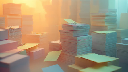 An artistic representation of colorful stacks of paper and sticky notes forming an inspiring office environment, showcasing creativity and organization.の素材