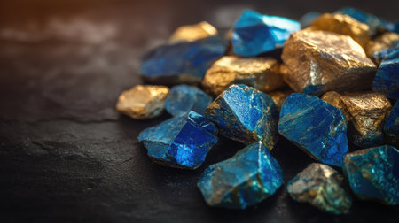 A stunning collection of blue and gold mineral rocks arranged on a dark textured surface, accentuated by soft lighting that enhances their natural beauty.の素材