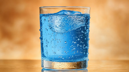 A refreshing glass filled with a vibrant blue sparkling beverage and ice cubes, set against a warm golden background, perfect for summer occasions and branding.の素材
