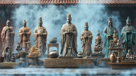 Captivating scene featuring ancient statues set in a misty temple environment, showcasing intricate details and rich cultural heritage, perfect for artistic projects.の素材