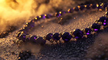An exquisite close-up of a stunning amethyst necklace set against a shimmering background, capturing the elegance and luxury of fine jewelry.の素材