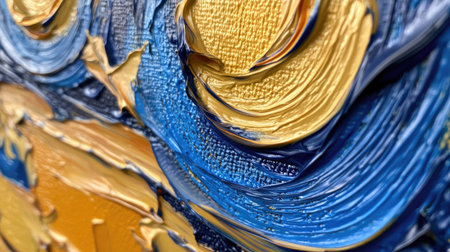 This close-up image captures the dynamic texture and vibrant colors of an abstract painting, featuring swirling blue and gold hues that create depth and movement.の素材