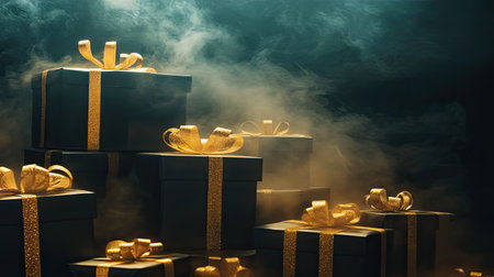 A captivating scene featuring elegant black gift boxes adorned with shimmering gold ribbons, enveloped in a mysterious smoky atmosphere, perfect for festive themes.の素材