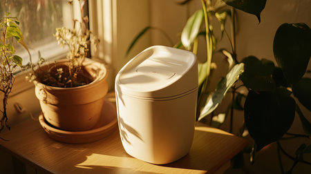 A sleek, modern white container sits beside a potted plant, bathed in soft natural light. This serene indoor scene captures minimalist beauty and cozy atmosphere.の素材