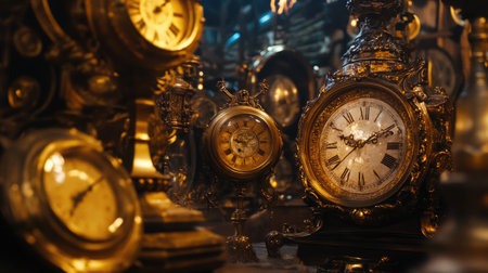 An enchanting collection of vintage clocks and antique timepieces, beautifully arranged in a warm, dimly lit setting, showcasing intricate designs and timeless elegance.の素材