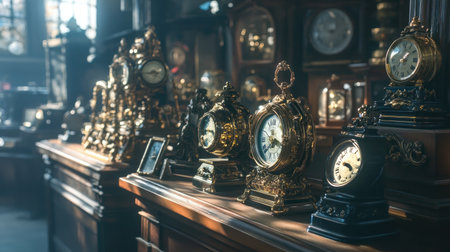 A captivating array of antique clocks illuminated by soft sunlight, showcasing intricate designs and craftsmanship in a vintage shop setting.の素材