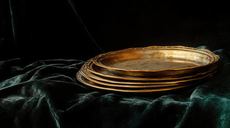 A collection of elegant vintage gold plates stacked elegantly on a dark velvet backdrop, showcasing a classic and luxurious ambiance ideal for photography.の素材