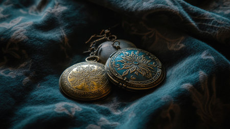 This captivating image features vintage pocket watches with intricate designs resting on soft fabric. The rich textures and colors highlight their unique craftsmanship and timeless appeal.の素材