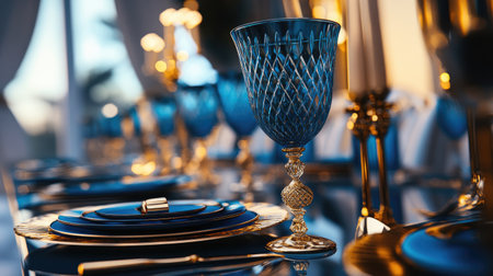 A stunning dining table adorned with blue crystal glassware and golden accents creates an inviting and luxurious atmosphere, perfect for special occasions or elegant gatherings.の素材