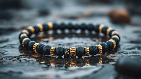 This striking black and gold beaded bracelet showcases a perfect blend of elegance and style, resting on a reflective surface, surrounded by nature.の素材
