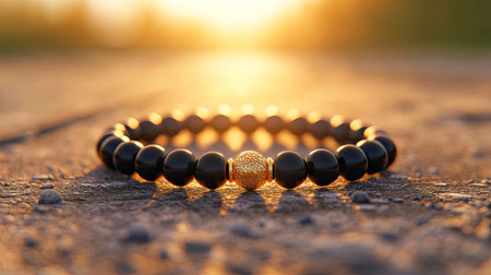A stunning black bead bracelet featuring a golden accent, illuminated by warm sunset light. Perfect for fashion enthusiasts seeking elegance and style.の素材