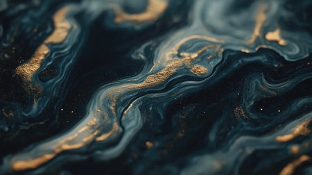 This mesmerizing abstract artwork features dark blue and black swirling patterns enhanced with metallic gold accents, ideal for creative projects and design works.の素材
