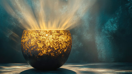 A stunning decorative bowl emits a warm glow, showcasing intricate patterns and textures. Its artistic design enhances any serene space, creating a captivating ambiance.の素材