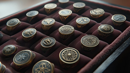 A stunning array of vintage decorative rings showcased in a deep velvet box. Each ring features intricate designs, highlighting exceptional craftsmanship and rich history.の素材