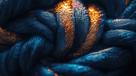 This close-up image showcases a braided rope featuring intricate textures and stunning blue and gold lighting effects, ideal for artistic and commercial use.の素材