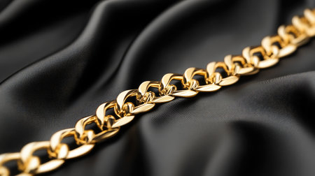 This stunning close-up image features a sleek gold chain elegantly placed on a sumptuous black satin fabric, showcasing its luxurious texture and rich color contrast.の素材