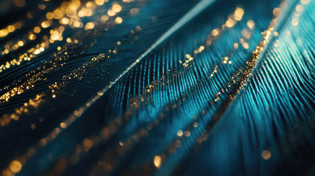 This stunning macro photograph captures the intricate details of a colorful feather, adorned with shimmering gold particles against a dark backdrop.の素材