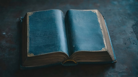 An exquisite vintage open book with a rich blue cover and intricate gilded edges, resting on a rustic surface. Perfect for themes of literature and nostalgia.の素材
