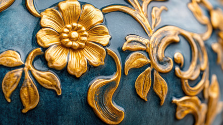 This close-up image beautifully captures the intricate gold flower motif on a blue ceramic surface, highlighting artistry and craftsmanship found in decorative design.の素材